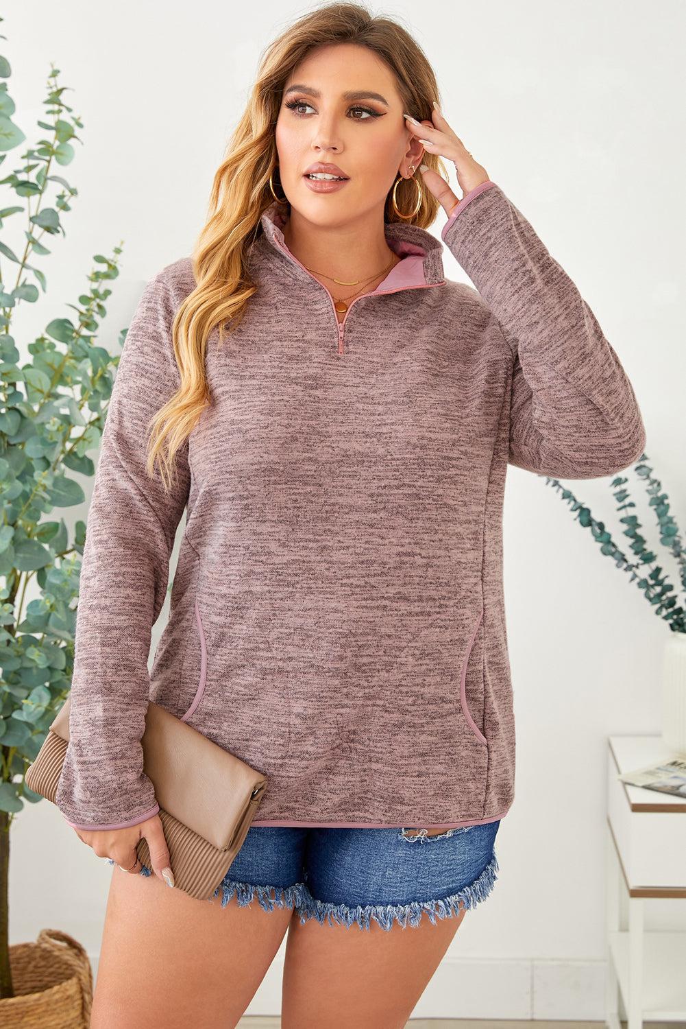 Plus Size Heathered Quarter Zip Pullover-TOPS / DRESSES-[Adult]-[Female]-Pink-1X-Blue Zone Planet