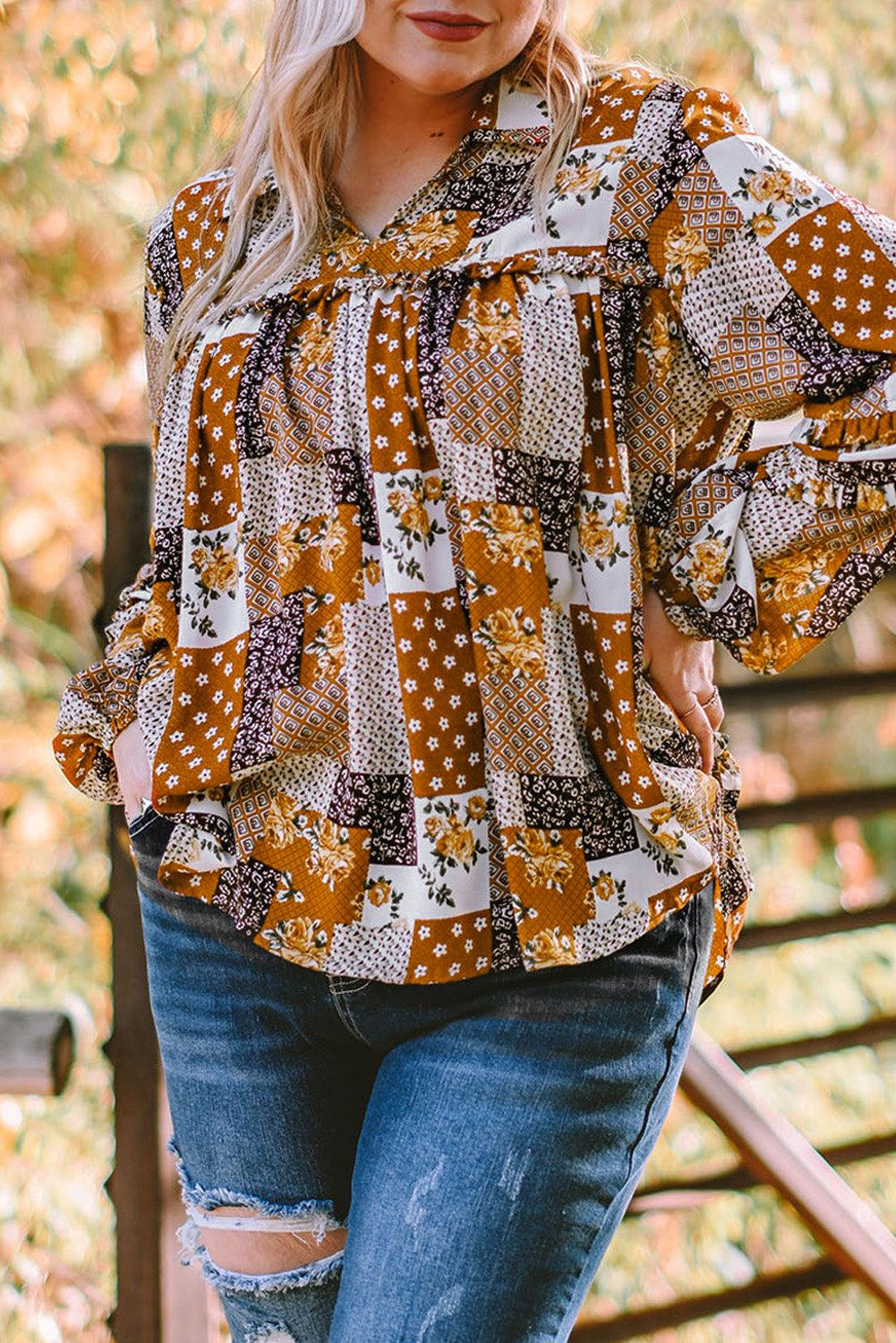 Plus Size Patchwork Balloon Sleeve Blouse BLUE ZONE PLANET