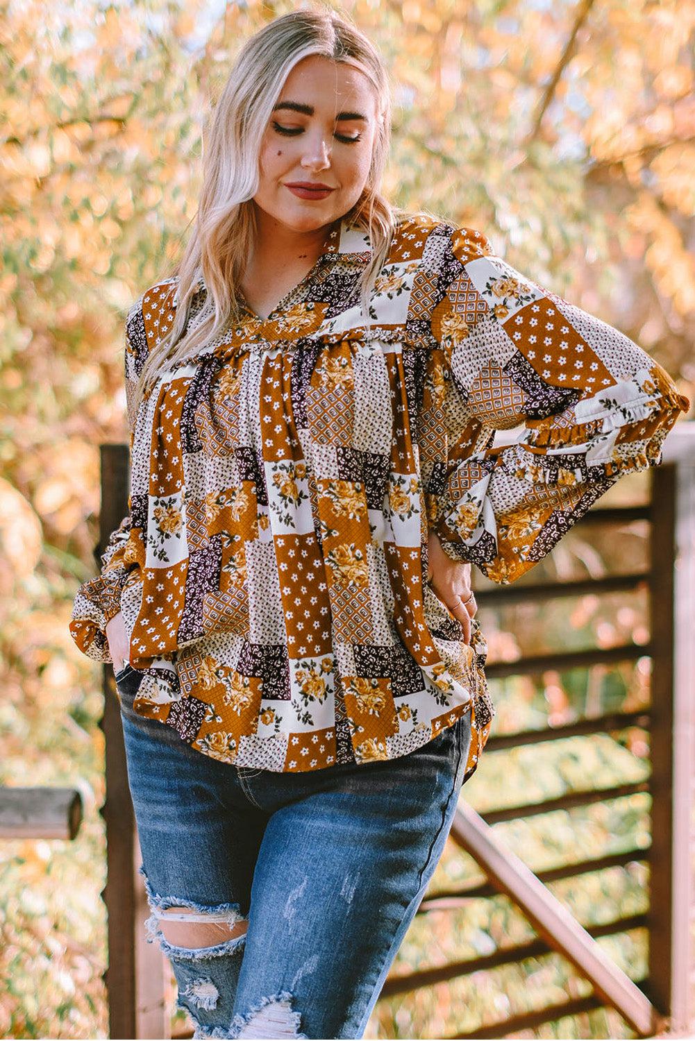 Plus Size Patchwork Balloon Sleeve Blouse BLUE ZONE PLANET