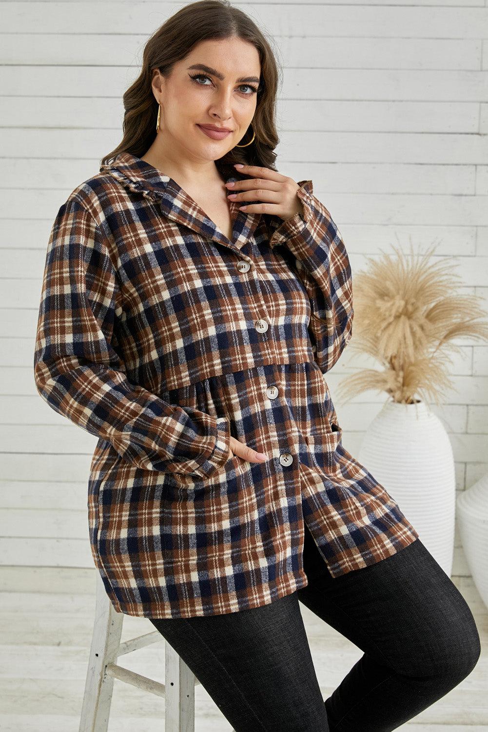 Plus Size Plaid Buttoned Collared Shacket BLUE ZONE PLANET