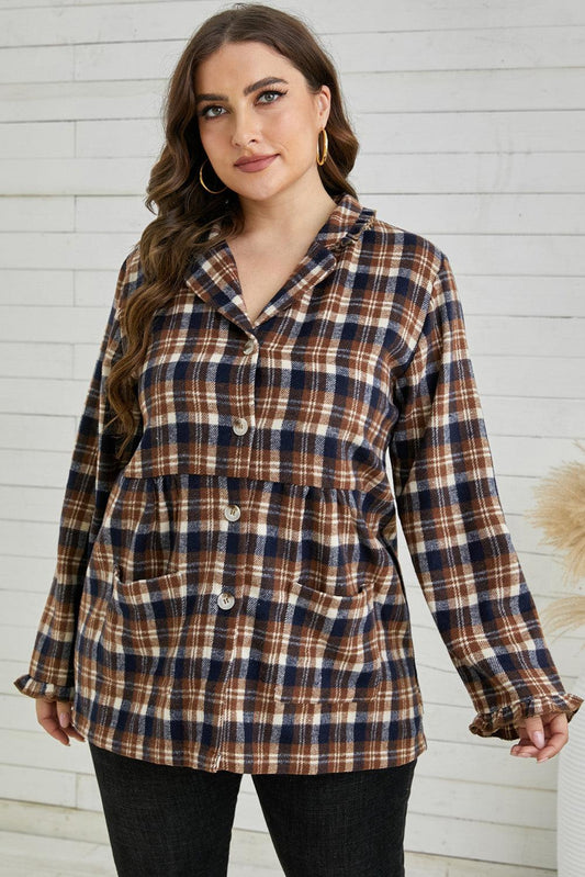 Plus Size Plaid Buttoned Collared Shacket BLUE ZONE PLANET