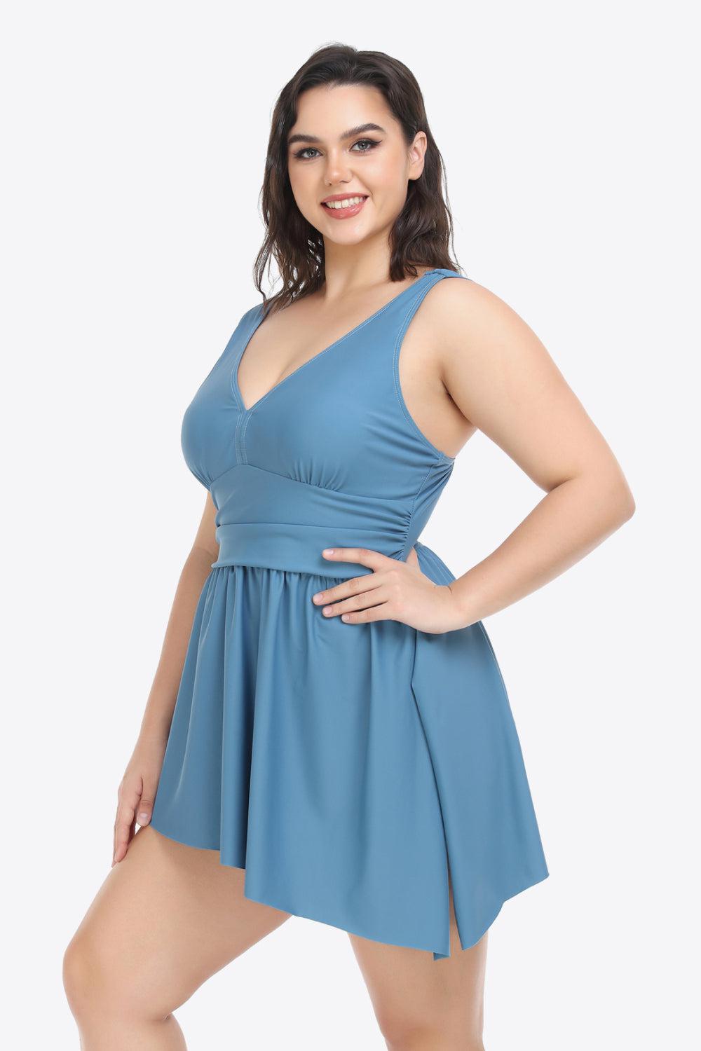 Plus Size Plunge Sleeveless Two-Piece Swimsuit BLUE ZONE PLANET