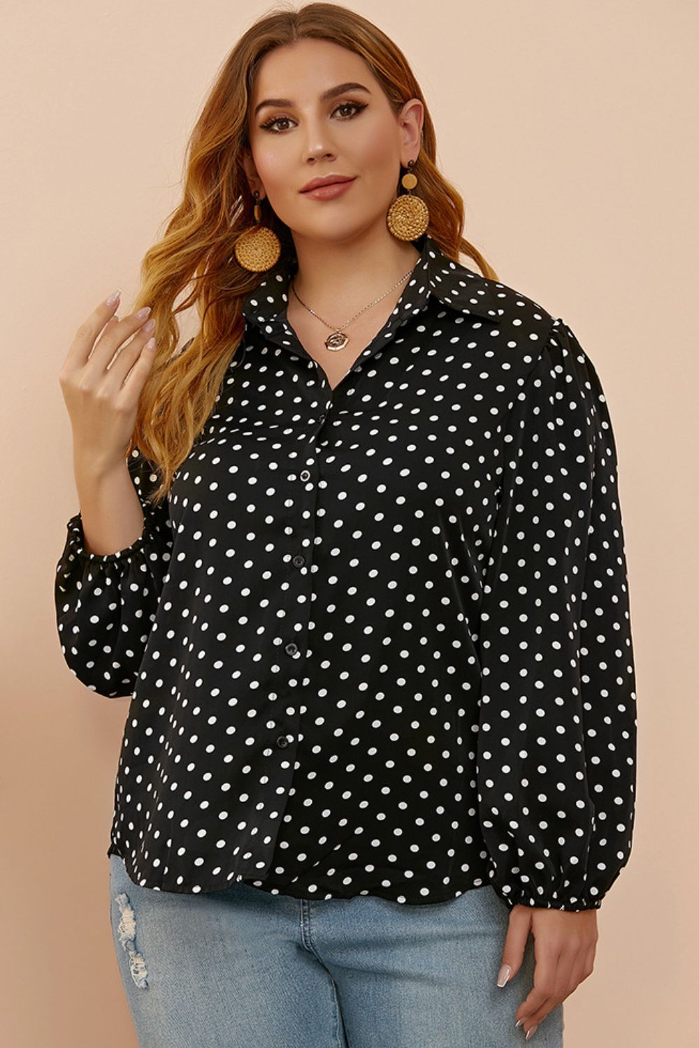 Plus Size Polka Dot Balloon Sleeve Shirt BLUE ZONE PLANET