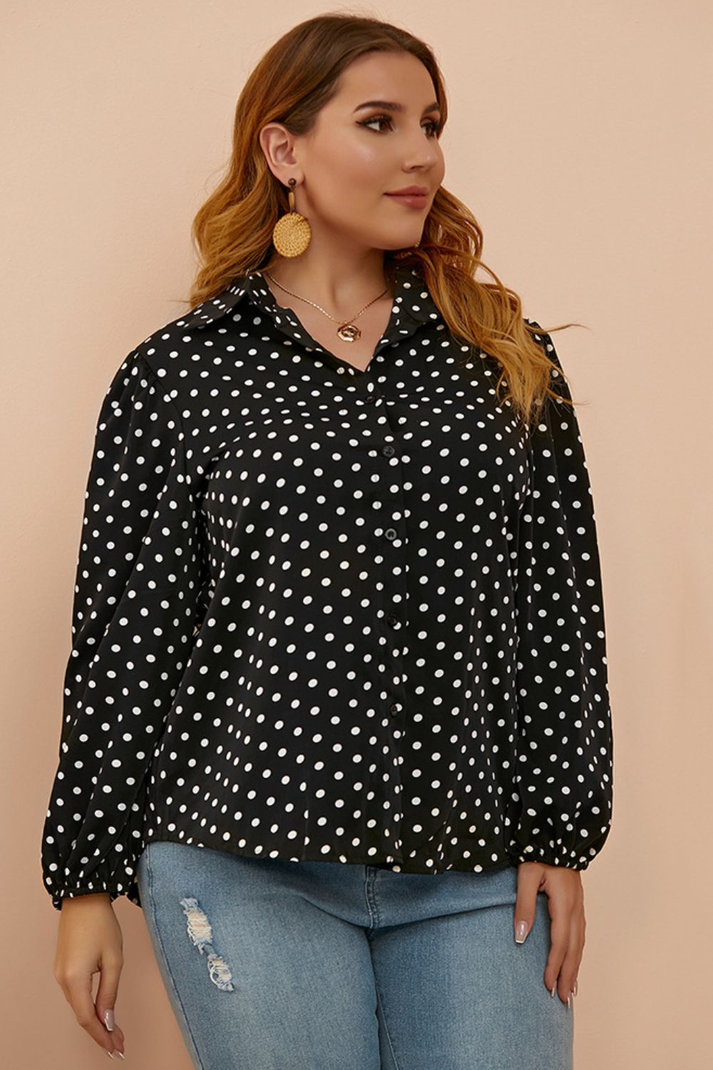 Plus Size Polka Dot Balloon Sleeve Shirt BLUE ZONE PLANET