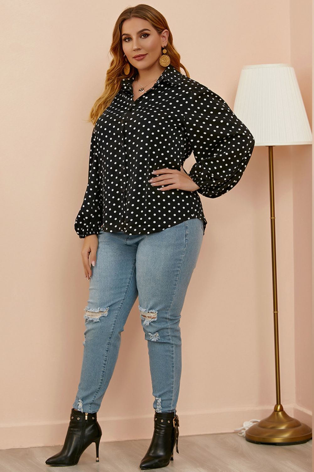 Plus Size Polka Dot Balloon Sleeve Shirt BLUE ZONE PLANET