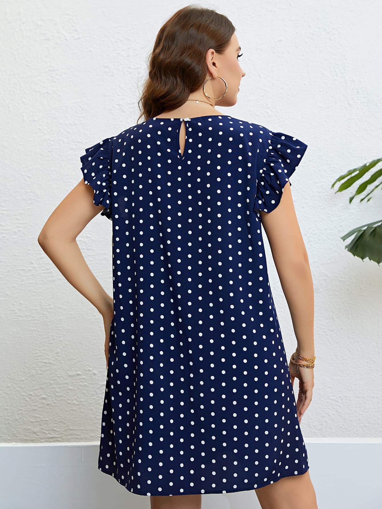 Plus Size Polka Dot Round Neck Dress BLUE ZONE PLANET