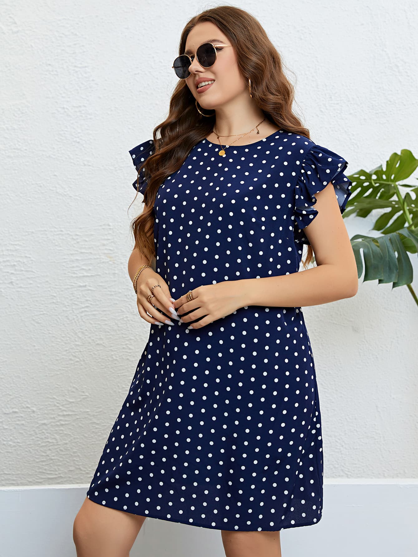 Plus Size Polka Dot Round Neck Dress BLUE ZONE PLANET