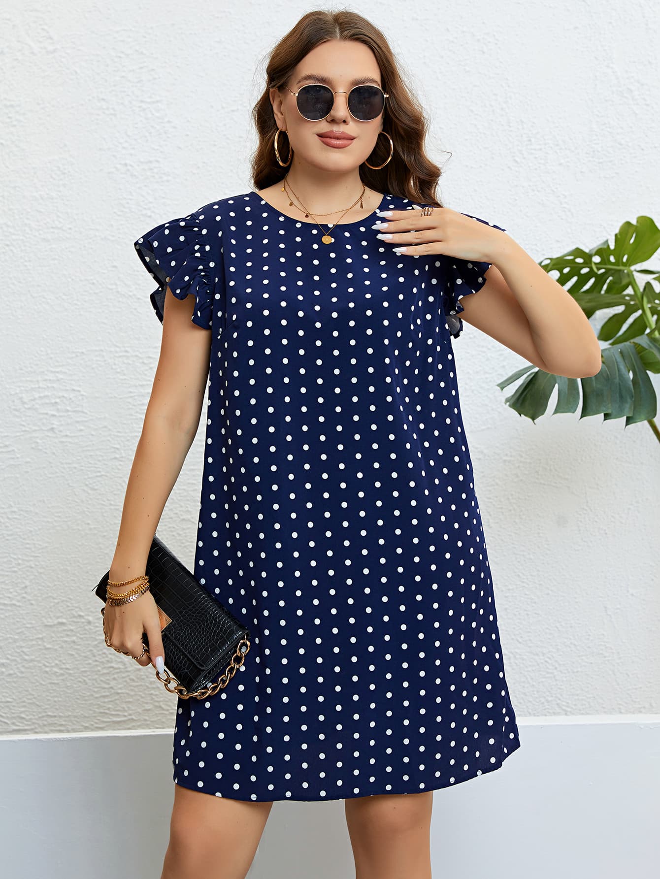 Plus Size Polka Dot Round Neck Dress BLUE ZONE PLANET