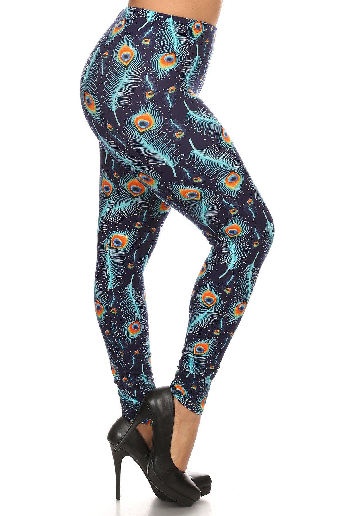 Plus Size Print, Full Length Leggings In A Slim Fitting Style With A Banded High Waist-[Adult]-[Female]-Multi-Blue Zone Planet