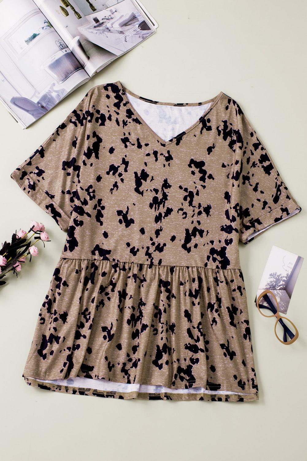 Plus Size Printed Babydoll Top-TOPS / DRESSES-[Adult]-[Female]-Khaki-1X-Blue Zone Planet