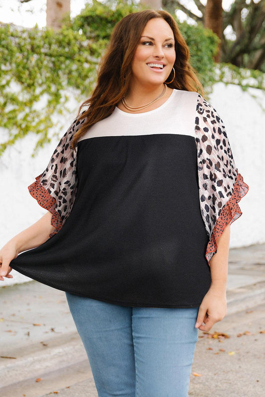 Plus Size Printed Color Block Ruffled Blouse BLUE ZONE PLANET
