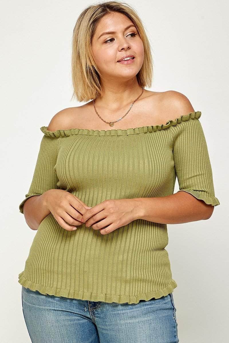 Plus Size Rib Knit Off Shoulder Short Sleeve Top Blue Zone Planet