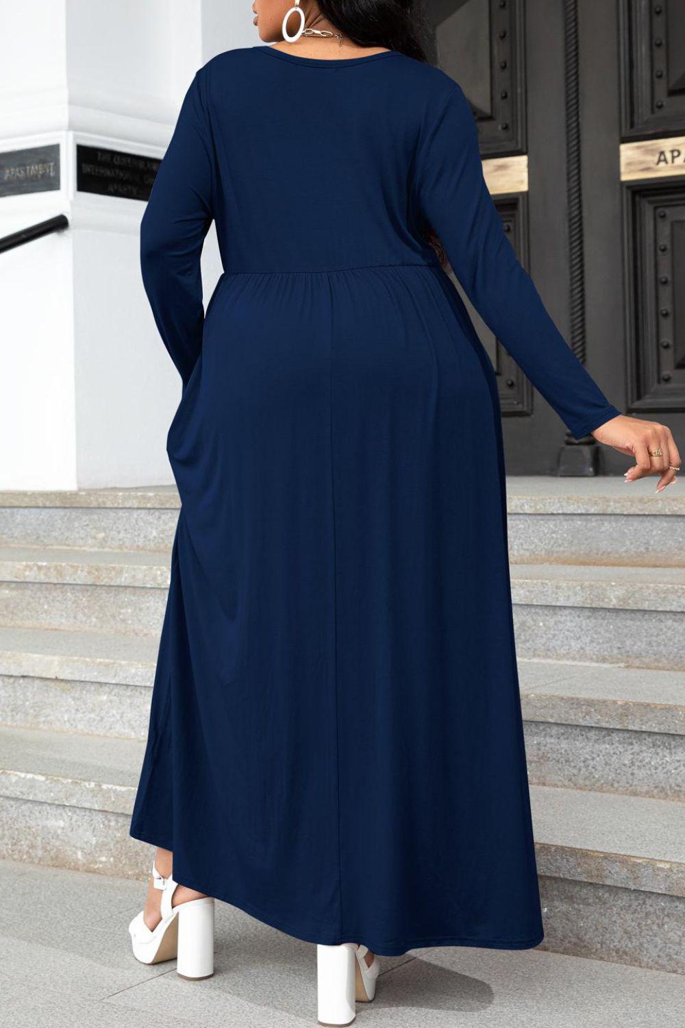 Plus Size Round Neck Long Sleeve Maxi Dress with Pockets BLUE ZONE PLANET