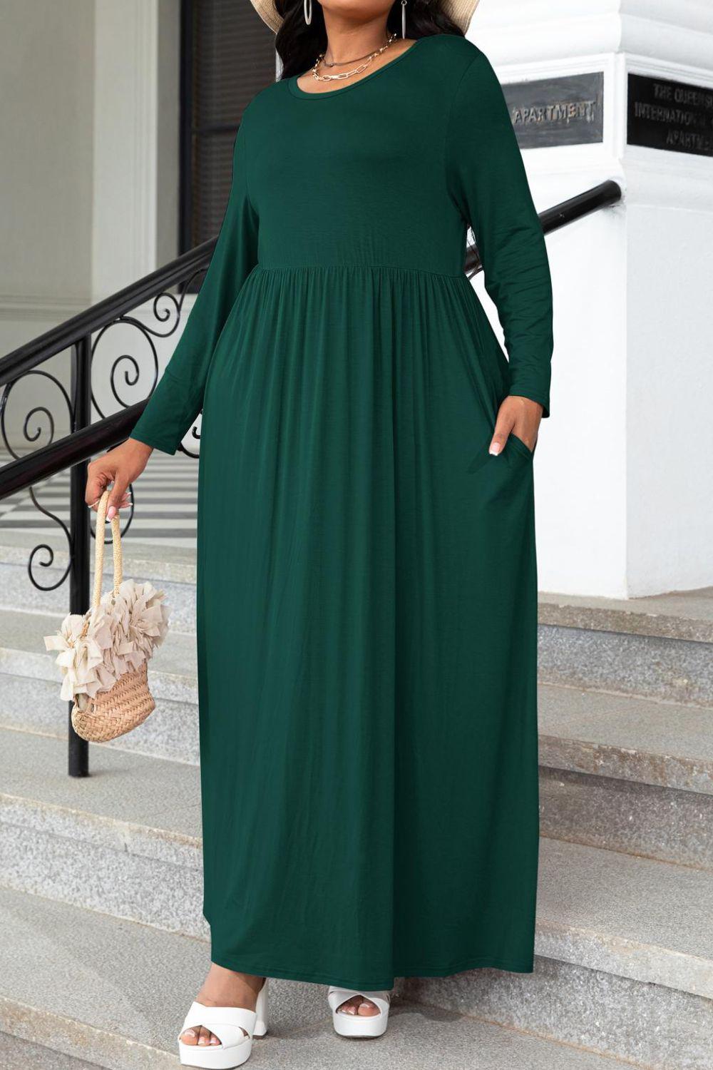 Plus Size Round Neck Long Sleeve Maxi Dress with Pockets BLUE ZONE PLANET