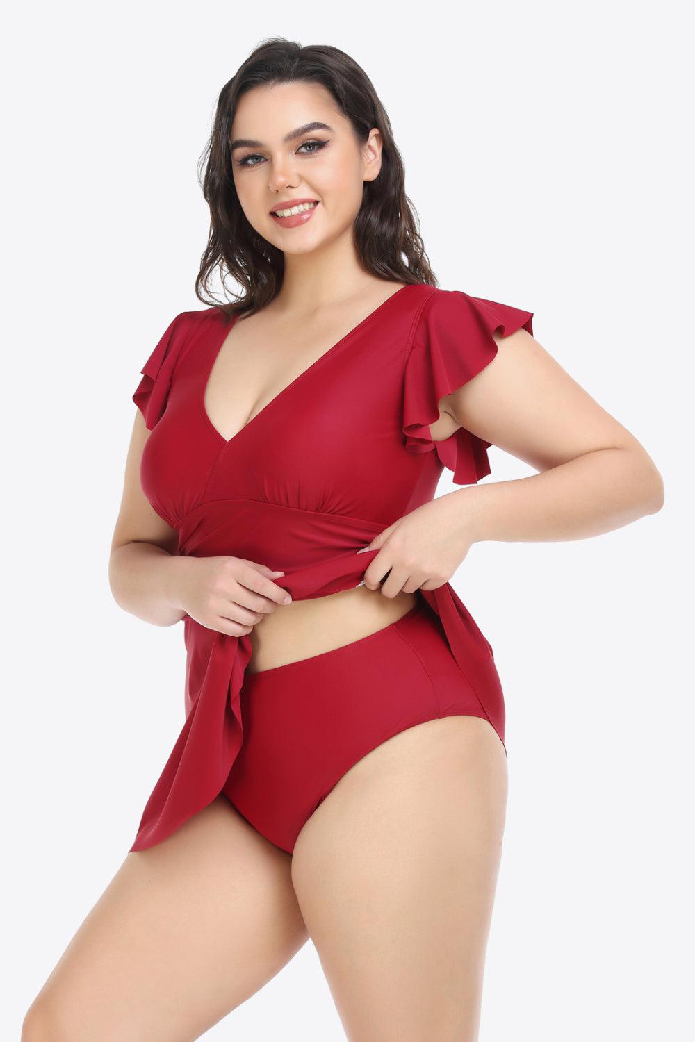 Plus Size Ruffled Plunge Swim Dress and Bottoms Set BLUE ZONE PLANET