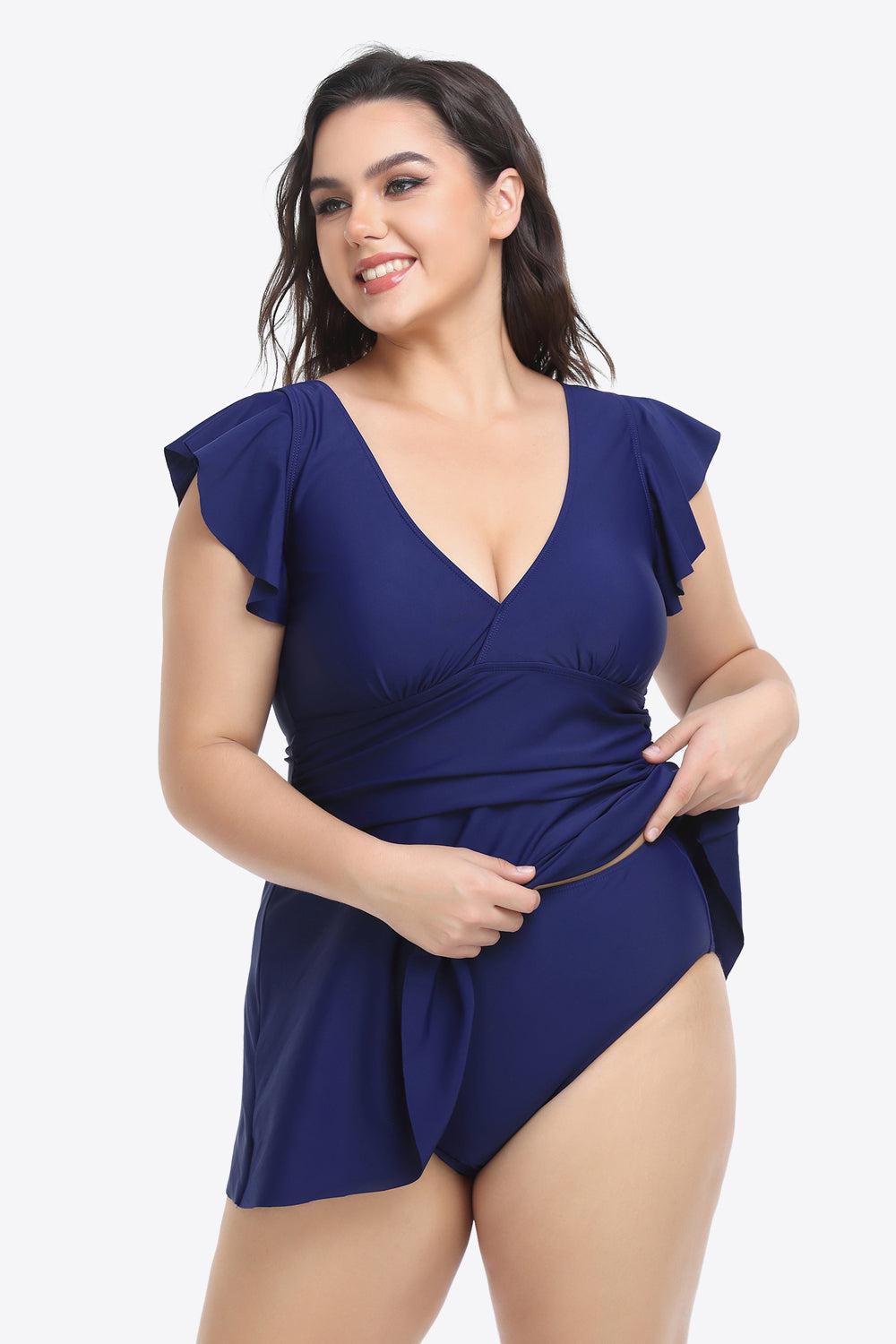 Plus Size Ruffled Plunge Swim Dress and Bottoms Set BLUE ZONE PLANET