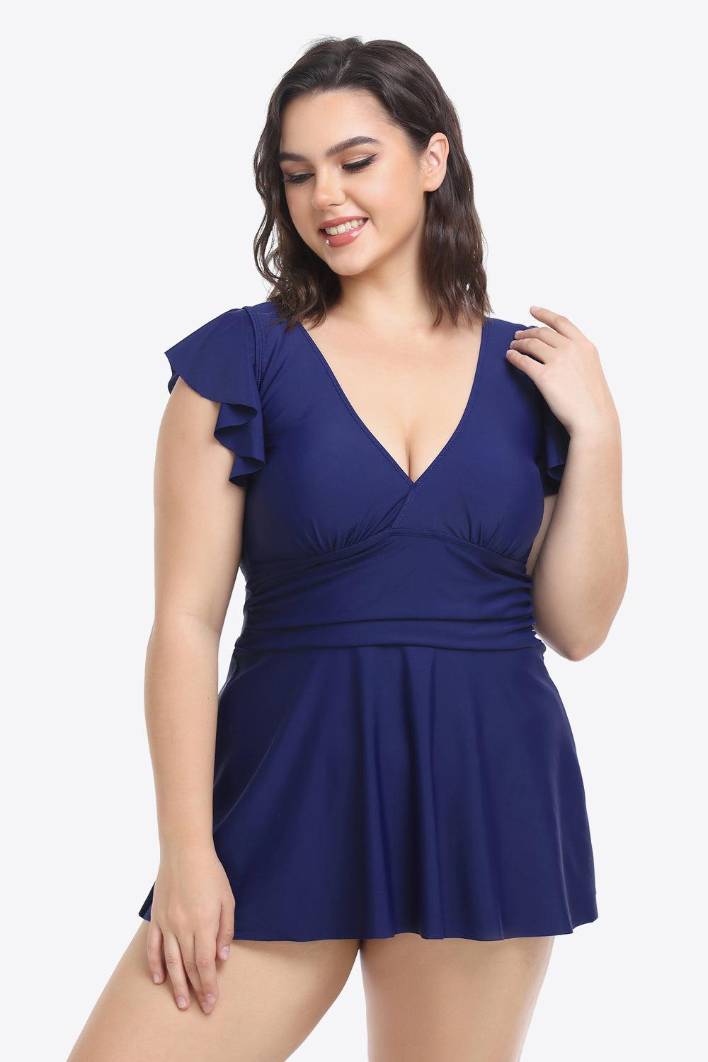 Plus Size Ruffled Plunge Swim Dress and Bottoms Set BLUE ZONE PLANET