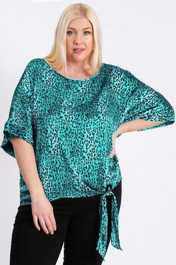 Plus Size Short Sleeve Side Knot Hemline Leopard Print Woven Top Blue Zone Planet
