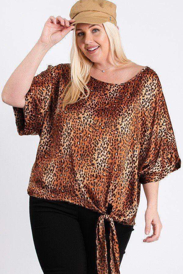 Plus Size Short Sleeve Side Knot Hemline Leopard Print Woven Top Blue Zone Planet