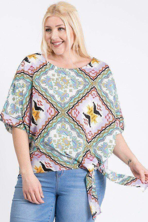 Plus Size Short Sleeve Side Knot Hemline Leopard Print Woven Top Blue Zone Planet