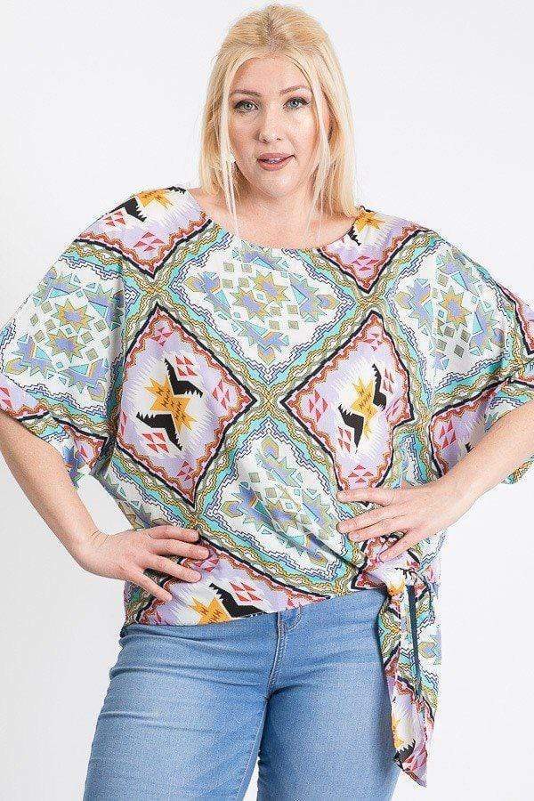 Plus Size Short Sleeve Side Knot Hemline Leopard Print Woven Top Blue Zone Planet