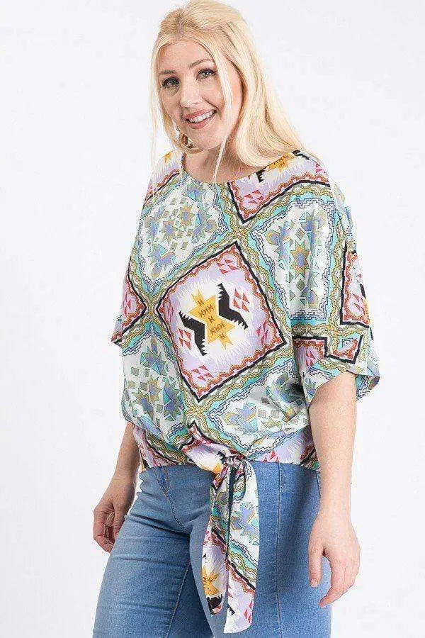 Plus Size Short Sleeve Side Knot Hemline Leopard Print Woven Top Blue Zone Planet