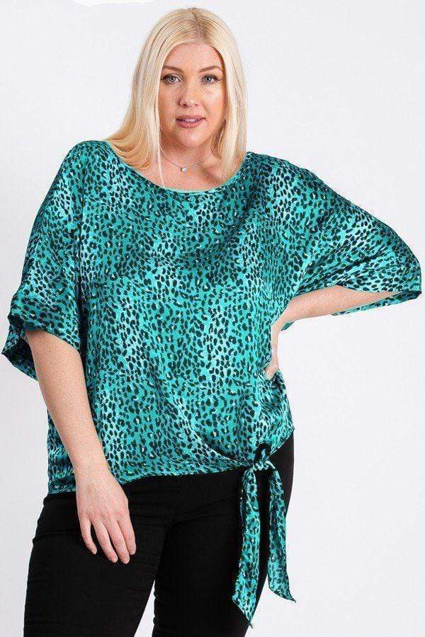 Plus Size Short Sleeve Side Knot Hemline Leopard Print Woven Top-TOPS / DRESSES-[Adult]-[Female]-Blue Zone Planet