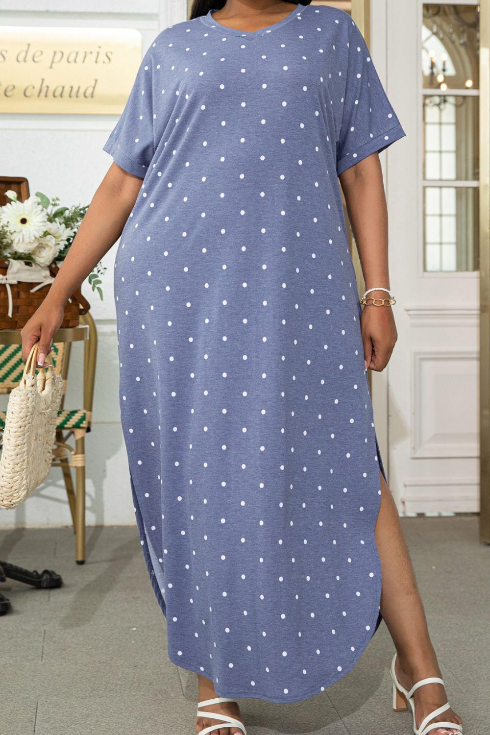 Plus Size Short Sleeve Split Curved Hem Dress BLUE ZONE PLANET