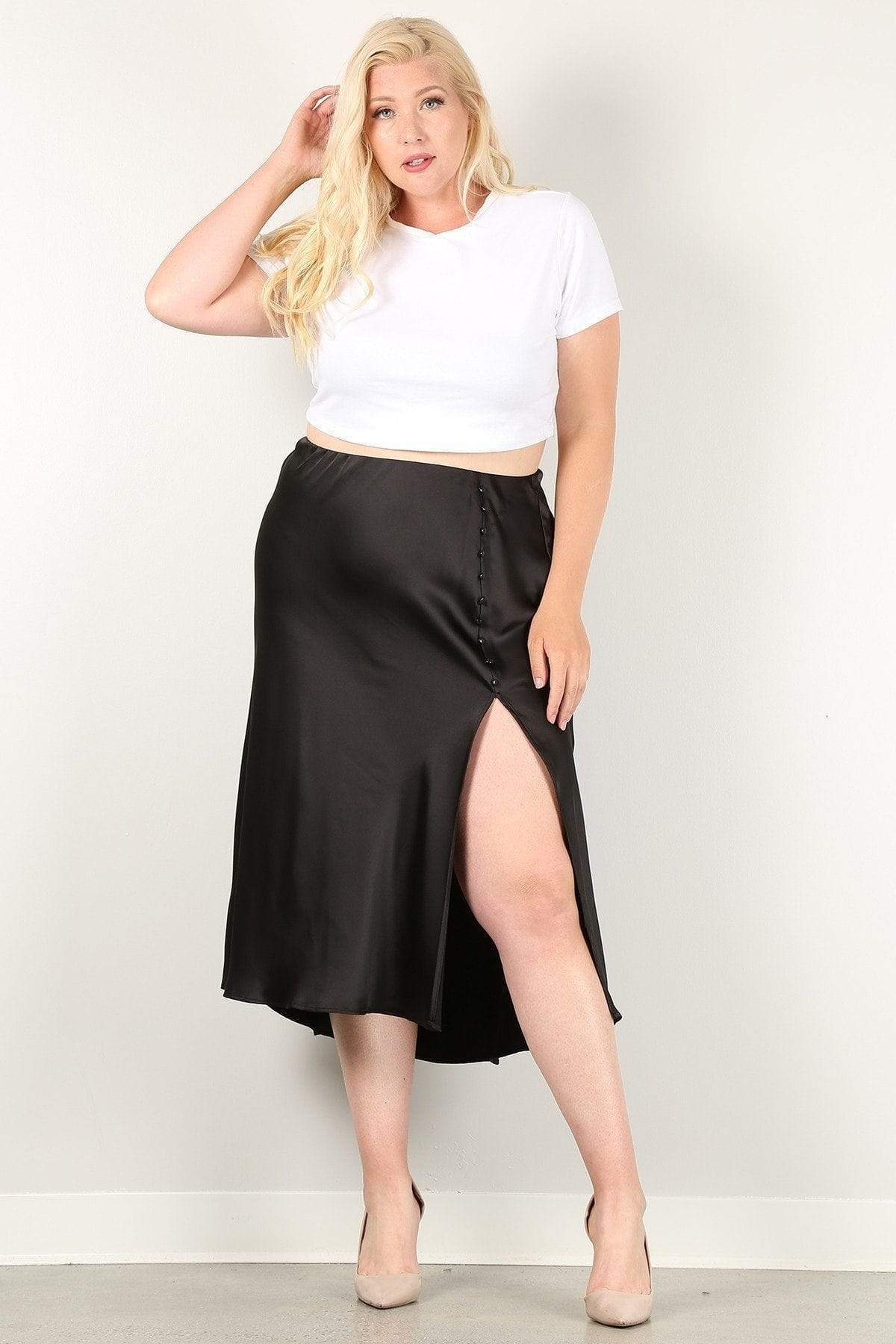 Plus Size Solid High-waist Skirt With Button Trim And Side Slit-BOTTOMS PLUS SIZE XL-[Adult]-[Female]-Blue Zone Planet