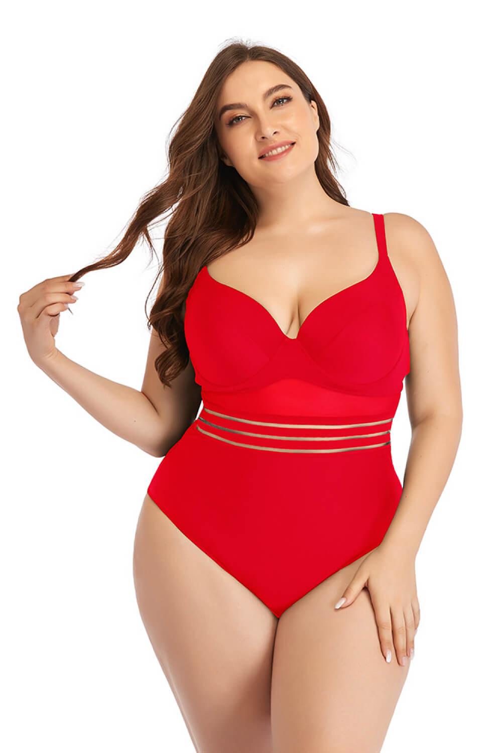 Plus Size Spliced Mesh Tie-Back One-Piece Swimsuit-TOPS / DRESSES-[Adult]-[Female]-Red-L-Blue Zone Planet