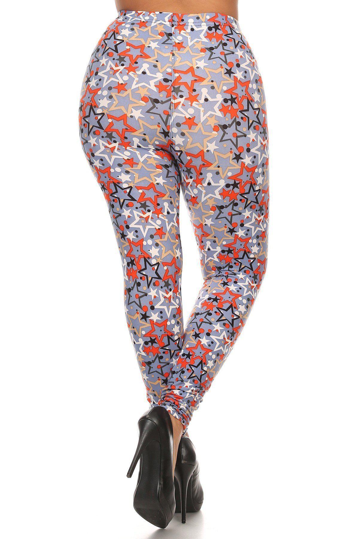Plus Size Star Print, Full Length Leggings In A Slim Fitting Style With A Banded High Waist-[Adult]-[Female]-Multi-Blue Zone Planet