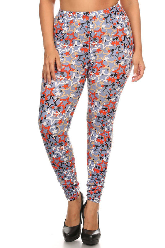 Plus Size Star Print, Full Length Leggings In A Slim Fitting Style With A Banded High Waist Blue Zone Planet