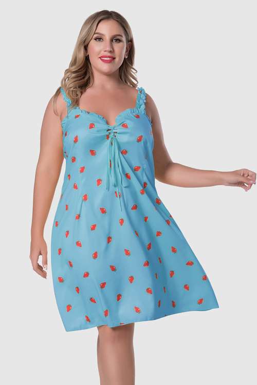 Plus Size Strawberry Print Sleeveless Dress BLUE ZONE PLANET