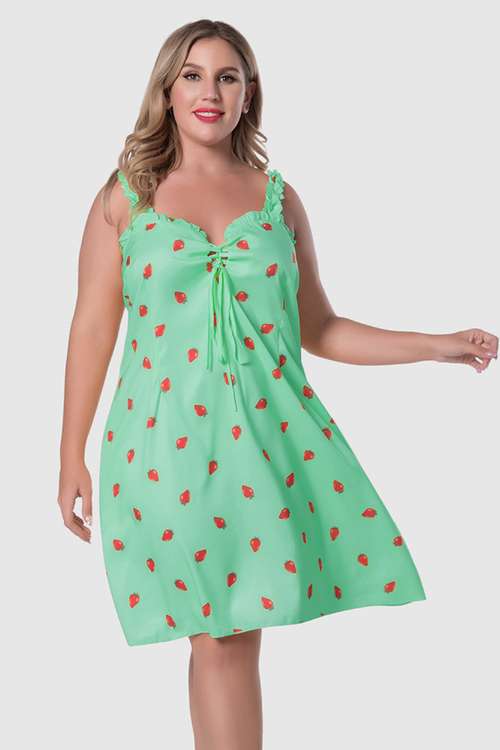 Plus Size Strawberry Print Sleeveless Dress BLUE ZONE PLANET