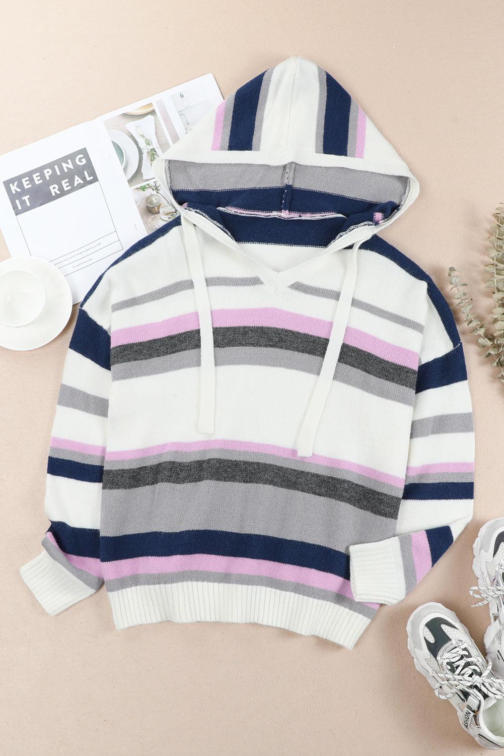 Plus Size Striped Hooded Sweater-TOPS / DRESSES-[Adult]-[Female]-Stripe-1X-Blue Zone Planet