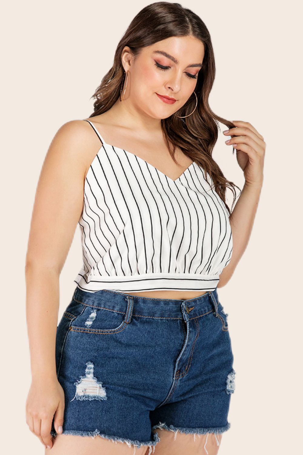 Plus Size Striped Tie-Back Cropped Cami BLUE ZONE PLANET