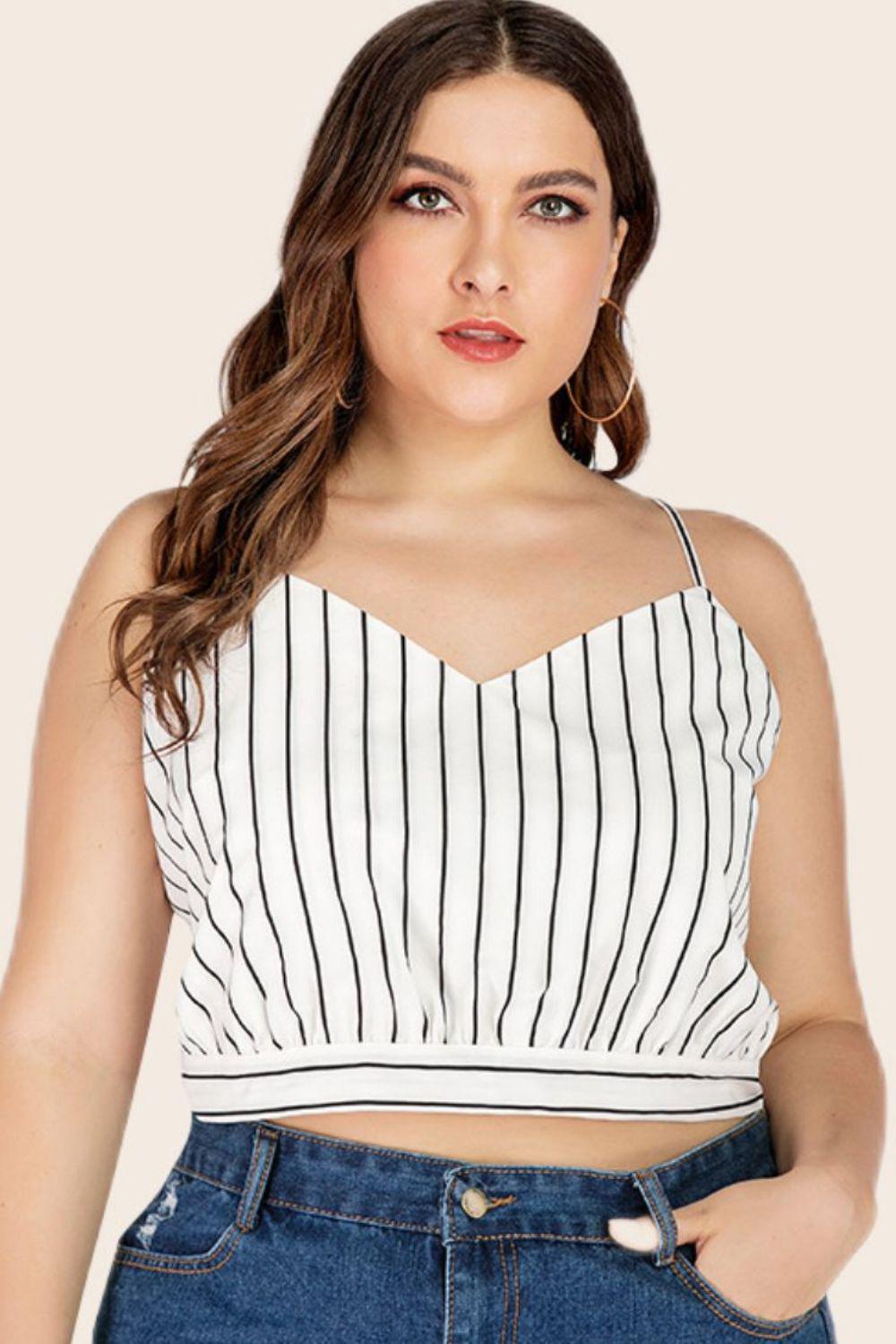 Plus Size Striped Tie-Back Cropped Cami BLUE ZONE PLANET