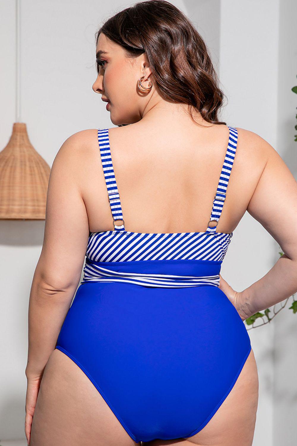 Plus Size Striped Tie-Waist One-Piece Swimsuit BLUE ZONE PLANET