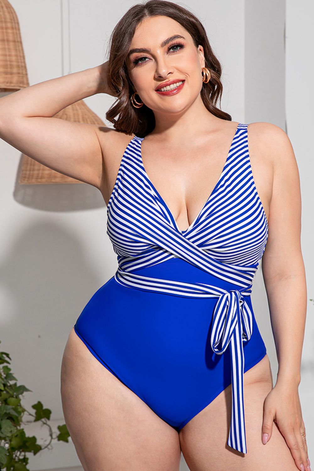 Plus Size Striped Tie-Waist One-Piece Swimsuit BLUE ZONE PLANET