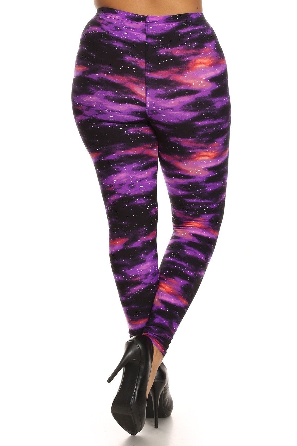 Plus Size Super Soft Peach Skin Fabric, Galaxy Graphic Printed Knit Legging With Elastic Waist Detail. High Waist Fit-[Adult]-[Female]-Multi-Blue Zone Planet