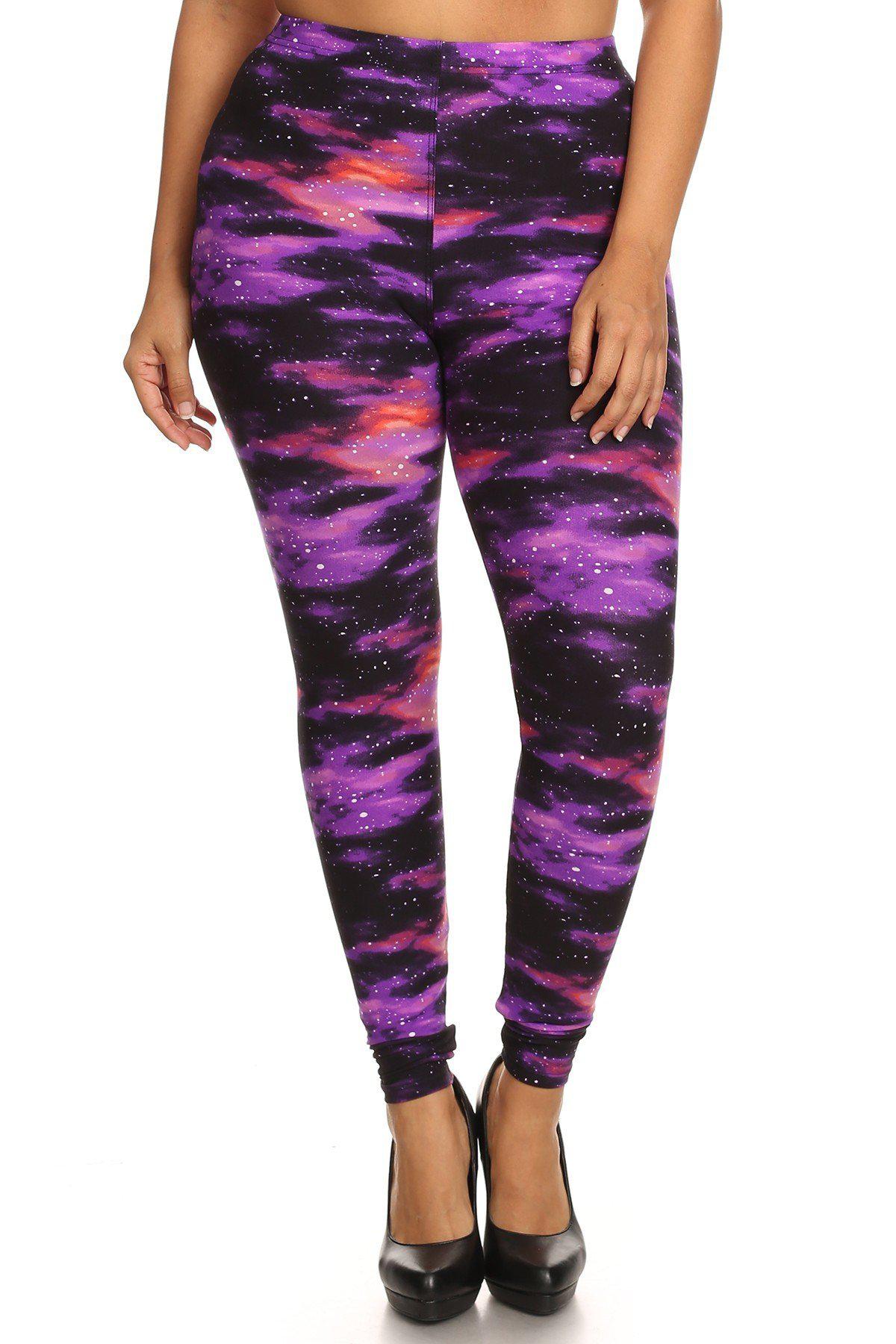 Plus Size Super Soft Peach Skin Fabric, Galaxy Graphic Printed Knit Legging With Elastic Waist Detail. High Waist Fit-[Adult]-[Female]-Multi-Blue Zone Planet