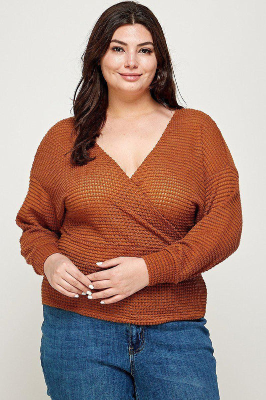 Plus Size Textured Waffle Sweater Knit Top Blue Zone Planet