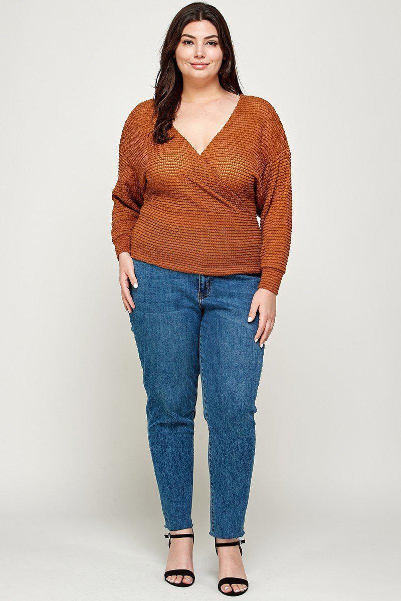 Plus Size Textured Waffle Sweater Knit Top Blue Zone Planet