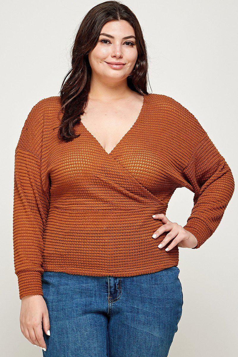 Plus Size Textured Waffle Sweater Knit Top Blue Zone Planet