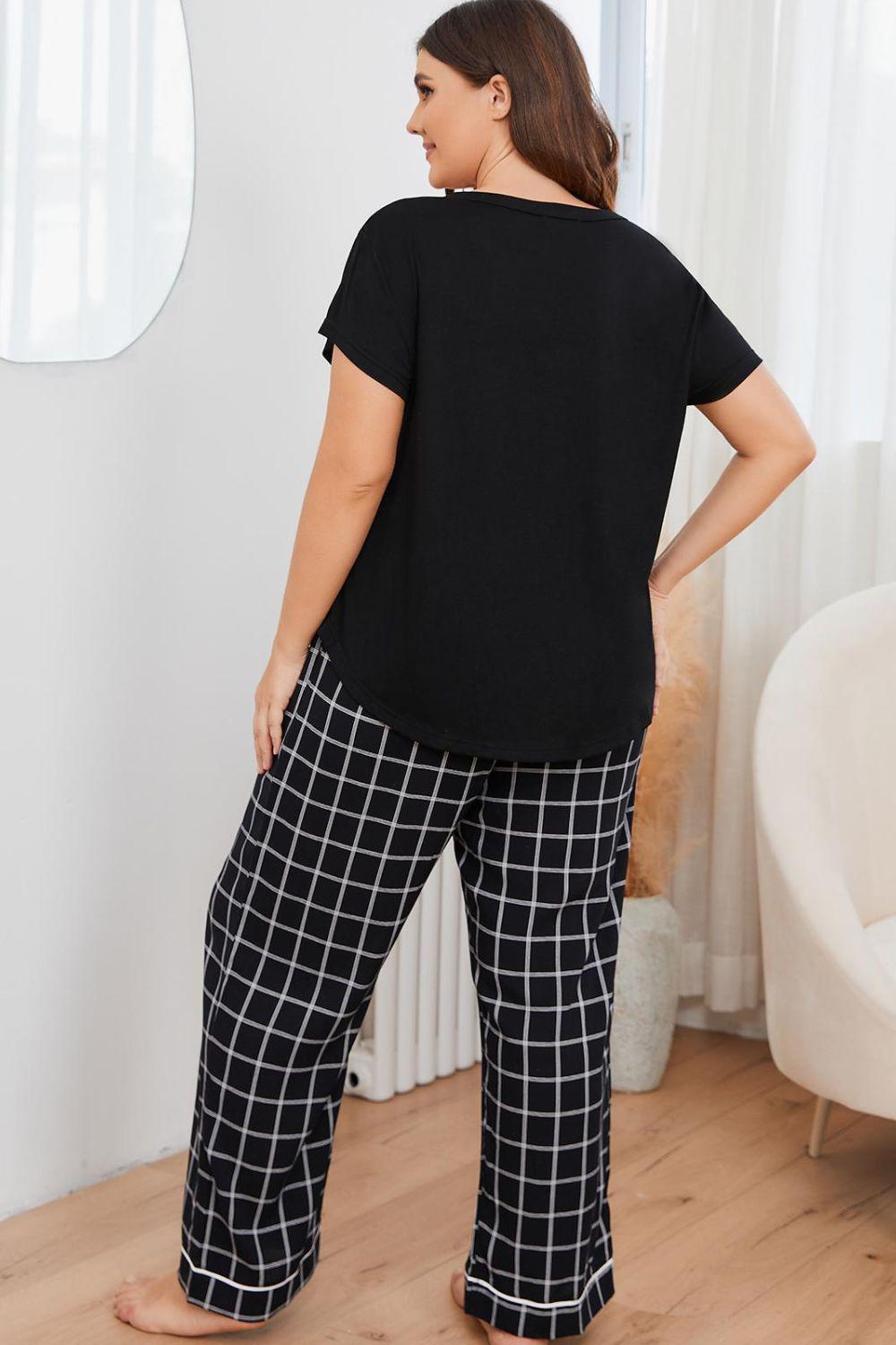 Plus Size V-Neck Top and Plaid Pants Lounge Set BLUE ZONE PLANET