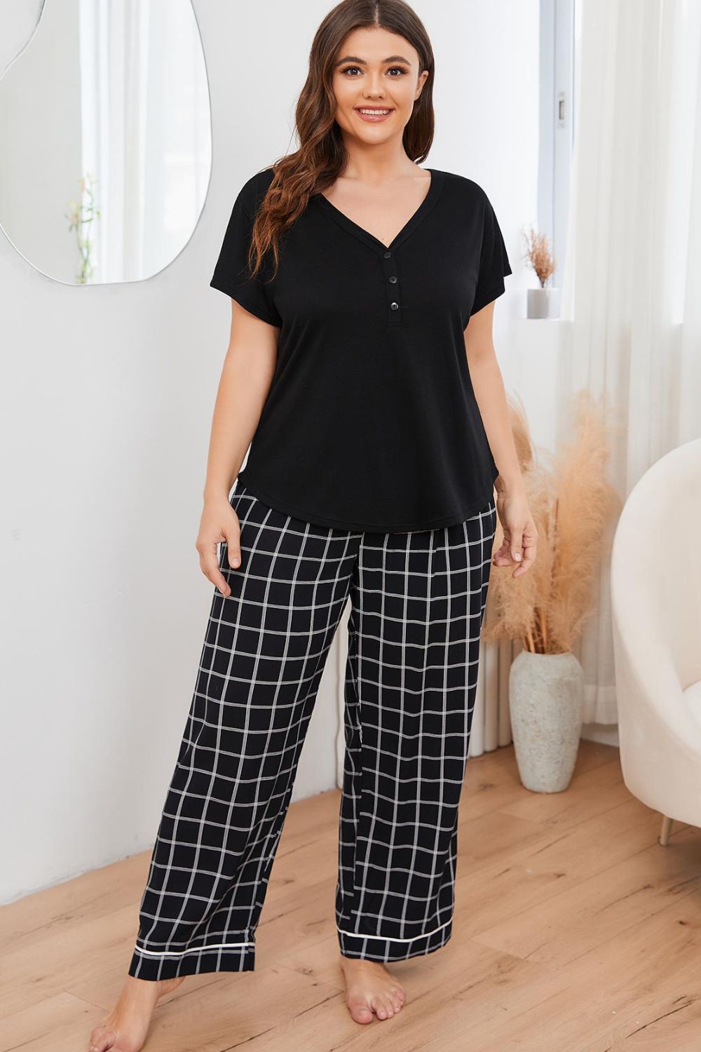 Plus Size V-Neck Top and Plaid Pants Lounge Set BLUE ZONE PLANET