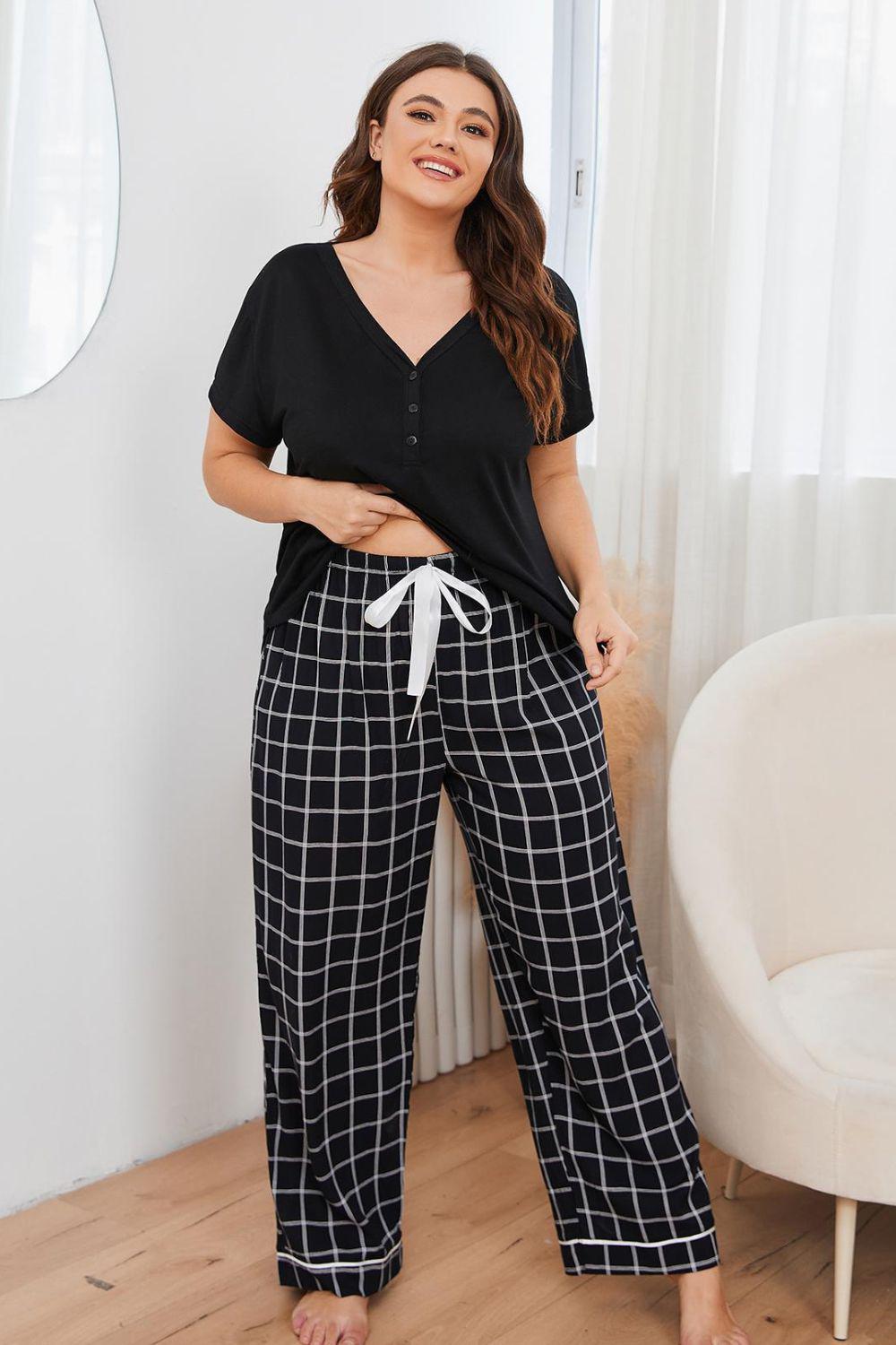 Plus Size V-Neck Top and Plaid Pants Lounge Set BLUE ZONE PLANET