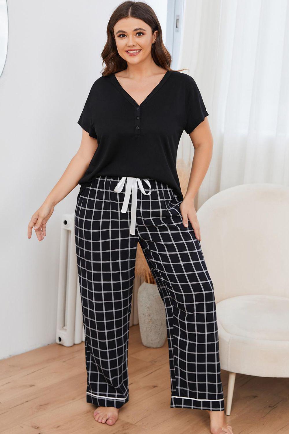 Plus Size V-Neck Top and Plaid Pants Lounge Set BLUE ZONE PLANET