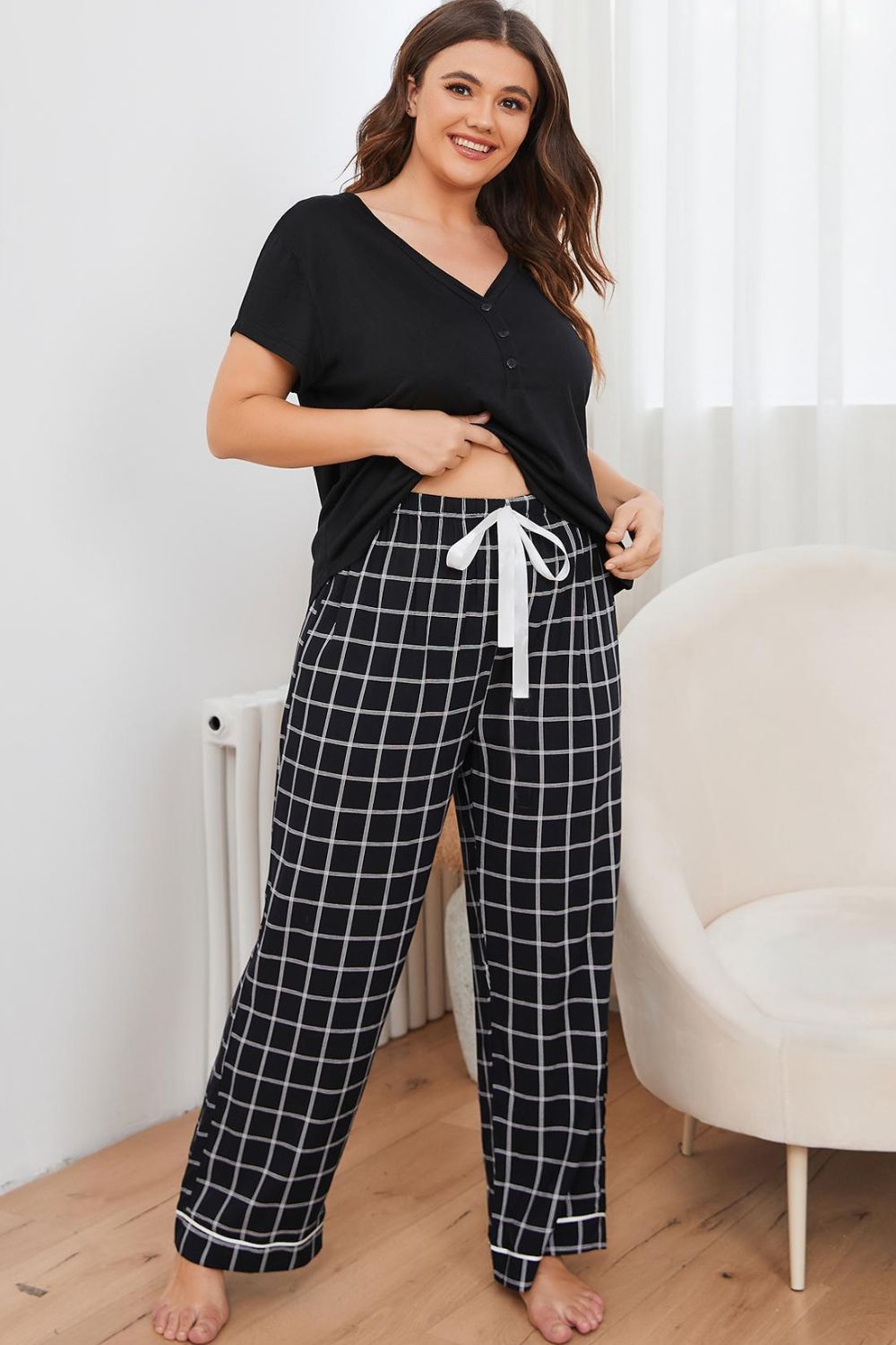 Plus Size V-Neck Top and Plaid Pants Lounge Set BLUE ZONE PLANET