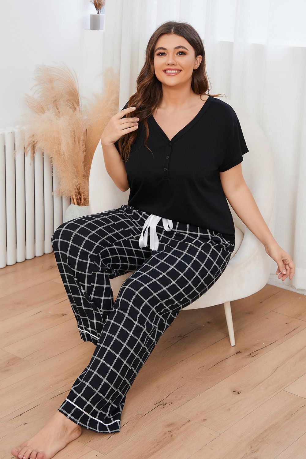 Plus Size V-Neck Top and Plaid Pants Lounge Set BLUE ZONE PLANET